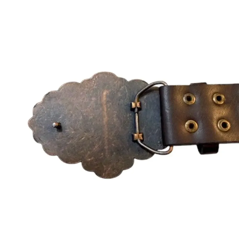 Vintage Brown Leather Studded Belt w/ Green Ornate Buckle | Boho Western